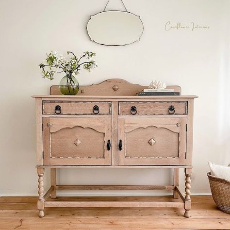 Cornflower Interiors on Instagram: "This antique Jacobean sideboard is now available & looking very beautiful 🤍 Constructed from Oak, is in excellent condition & quality. It has been sanded back & sealed with matt varnish to highlight the natural grain. It features two dovetail drawers, & two cupboard doors with two shelves inside. The handles are all original. The carved details & barley twist legs really give it character! Dimensions - L 121cm, D 45, H 93 to benchtop, 109 with backing boa Refinished Jacobean Buffet, Barley Twist Furniture, French Provincial Sideboard, Edwardian Sideboard, Jacobean Sideboard, Raw Wood Furniture, Antique Pine Sideboard, Jacobean Style, Neutral Furniture