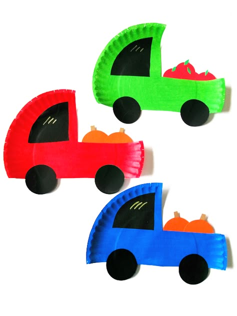 Paper Plate Fall Truck Craft Campfire Crafts For Preschoolers, Art Craft Transportation, Art Transportation Preschool, Paper Plate Car Craft, Kids Transportation Crafts, Fall Truck Craft, Paper Plate Arts And Crafts, Craft Transportation For Kids, Truck Activities For Preschool