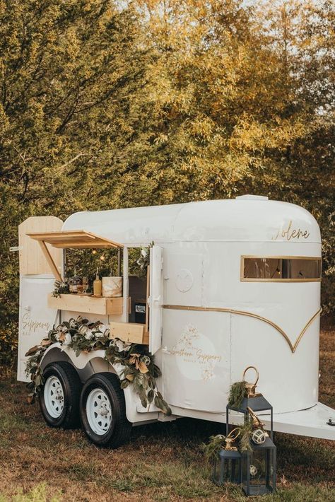 Meet Jolene. Our one-of-a-kind horse trailer bar. Two Horse Trailer, Horse Trailer Mobile Business, Single Horse Trailer Bar, Drink Trailer Wedding, Lemonade Horse Trailer, Converting Horse Trailer Into Bar, Horse Trailer Flower Cart, Horse Trailer Business, Mobil Bar Trailer