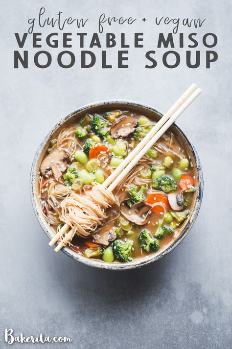 Make this easy Vegan Vegetable Noodle Miso Soup for dinner tonight! It's simple to make on the stove in under 30 minutes. It's naturally vegan, and since it's made with rice noodles, it's also gluten-free. You can customize the soup with whatever vegetables you have on hand. Miso Noodle Soup, Soup Gluten Free, Soup For Dinner, Mapo Tofu, Vegetable Noodles, Vegan Soups, Dinner Easy, Miso Soup, The Soup