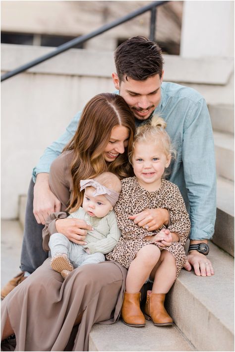 Downtown Greenville, SC Family session with neutral colored outfits #greenvillescphotographer #greenvillescweddingphotographer #greenvillescweddingphotography #greenvillescwedding #downtowngreenvillewedding #southcarolinaphotographer #scweddingphotographer #southeastphotographer #southcarolinaweddingphotographer #southcarolinaweddingphotography Downtown Family Of 3 Photoshoot, Family Photoshoot Stairs, Neighborhood Family Photoshoot, Family Staircase Photoshoot, Family Photos On Steps, Staircase Family Photoshoot, City Photoshoot Family, Downtown Family Session, Family Photoshoot Downtown