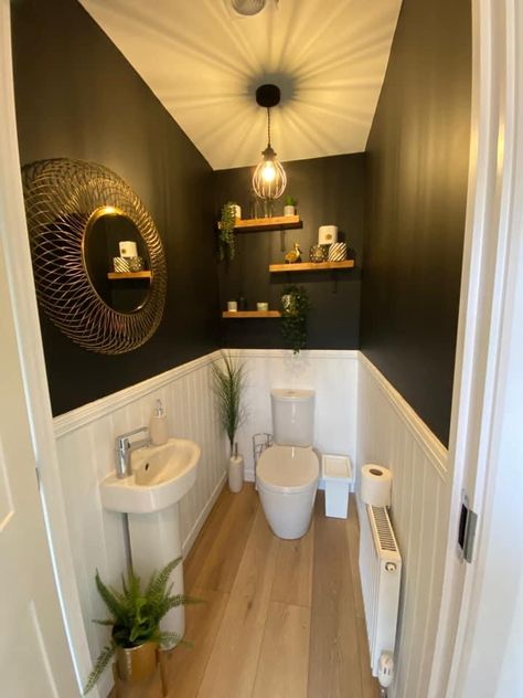 Downstairs Toilet Ideas Black, Tiny Black Bathroom, Tiny Downstairs Toilet Ideas, Downstairs Toilet Ideas Dark, Black And White Downstairs Toilet, Black Wc Toilets, Tiny Wc Ideas Downstairs Loo, Black Downstairs Toilet, Little Toilet Ideas