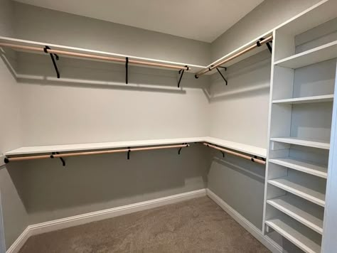 Walk In Closet L Shape Layout, Simple Master Closet Shelving, Master Closet Hanging Space, Adding Shelf To Closet, 12x12 Closet Layout, Large Closet Layout, Simple Master Closet Design, Basic Walk In Closet Ideas, Basement Closet Ideas Walk In