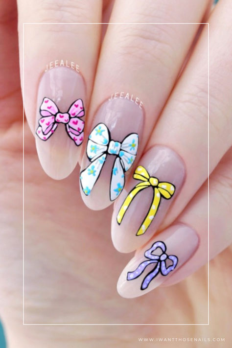 coquette bow nails Nails Acrylic Bow, Nail Bow Designs, Bow Design Nails, Cute Bow Nails, Bow Nails Design, Coquette Nail Designs, Accent Nail Ideas, Bow Nail Art Designs, Bows Nail Art