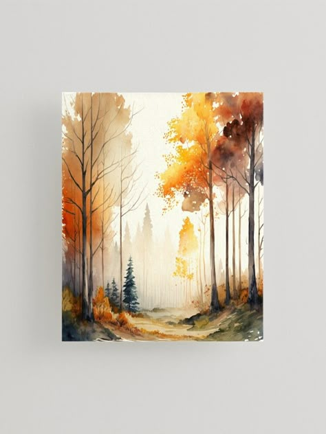 "Autumn Forest Trees Watercolor" Mounted Print for Sale by EcoArtLab Watercolor Fall Aspens, Forest Theme Painting, Easy Autumn Paintings, Autumn Watercolor Paintings, Calming Forest, Watercolor Brushstrokes, Fall Landscape Painting, Trees Watercolor, Forest Drawing