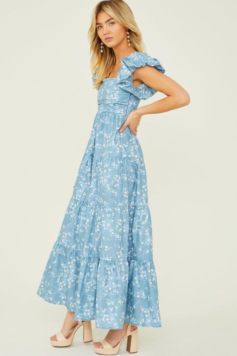 Rayanne Floral Maxi Dress in Blue | Altar'd State Wedding Ootd, Beach Bridesmaid, Babydoll Dresses, Beachy Dresses, Causal Dresses, Guest Attire, Boho Mini Dress, Shower Dresses, Long Dress Casual