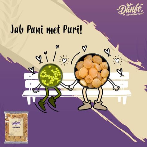 The story of pani and puri is one for the books! The light and crispy taste of puri paired with the tangy flavor of minty pani is an age-old combination that has won many hearts. Now, you can experience the flavor of this romance right at home with Danfe’s Uncooked Pani Puri that can be fried and is ready to eat in a matter of minutes! #danfefoods #panipuri #indianchaat #homemadefood Panipuri Captions, Pani Puri Stall Design, Chaat Food Quotes Funny, Pani Puri Captions, Pani Puri Logo Design, Panipuri Quotes Funny, Panipuri Quotes, Pani Puri Stall Decoration Ideas, Pani Puri Illustration