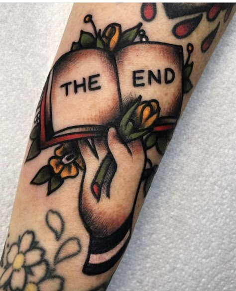 Bookish Tattoos Traditional, Book American Traditional Tattoo, Book Hand Tattoo, Traditional Style Book Tattoo, Old Book Tattoo, Book Tattoo Ideas For Men, Book Traditional Tattoo, American Traditional Book Tattoo, Traditional Book Tattoo