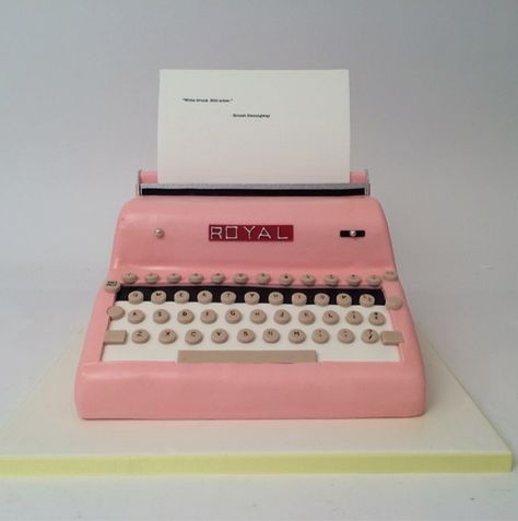 pink typewriter cake Typewriter Cake, Book Publishing Party, Pink Typewriter, Gumpaste Figures, Unusual Cakes, Duper Cake, Charm City Cakes, Incredible Cakes, Pink Pages