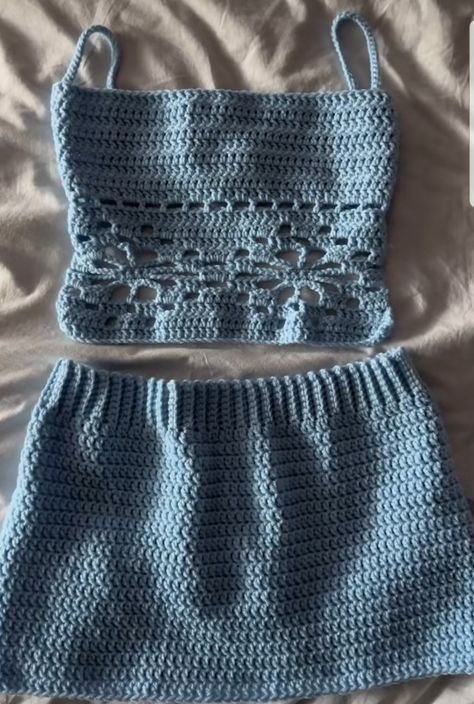 Summer Knit Set, Crochet Inspo Summer, Scrap Yarn Crochet Top, Crochet Summer Clothes, Crochet Set Outfit, Crochet Summer Set, Crochet Matching Set, Crochet Tie Top, Cute Crochet Tops