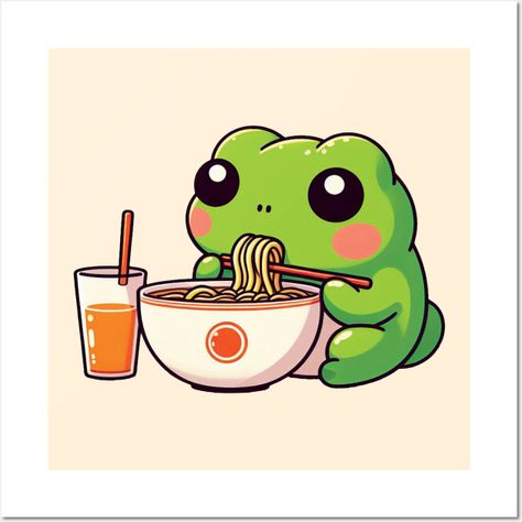 Leap into Delight with Our Cute Frog Eating Ramen Design! This adorable piece brings together the charm of a frog and the comfort of ramen, creating a whimsical scene that's sure to make you smile. A delightful fusion of nature, noodles, and cuteness!#CuteFrog#RamenArt#AdorableDesign#WhimsicalFrog#FoodieFrog#NoodleDelight#CharmingAnimals#FrogArt#KawaiiDesign#DelightfulNoodles -- Choose from our vast selection of art prints and posters to match with your desired size to make the perfect print or Cute Frog Design, Cute Things To Have, Cute Cartoon Art Styles, Cute Frogs Art, Animals With Knives, Frog Comic, Noodles Drawing, Cute Frog Art, Frog Eating