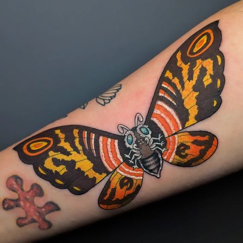 Mothra for Ray! Thank you for the trust * * * #godzilla #mothra #mothratattoo #colortattoo #njtattooartist #njtattooshop Small Godzilla Tattoo, Mothra Tattoo Design, Traditional Godzilla Tattoo, Godzilla Tattoo Ideas, Mothra Tattoo, Godzilla Mothra, Godzilla Tattoo, Sick Tattoos, Interesting Tattoos