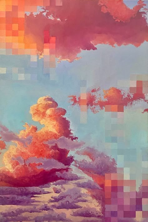 Oil painting clouds dissolving into pixels Clouds Aesthetic Art, Cloud Painting Abstract, Art Inspo Painting Acrylic, Collage Style Painting, Abstract Clouds Paintings, Simple Cloud Painting, Oil Paint Clouds, Painting Backgrounds Acrylic, Colorful Clouds Painting