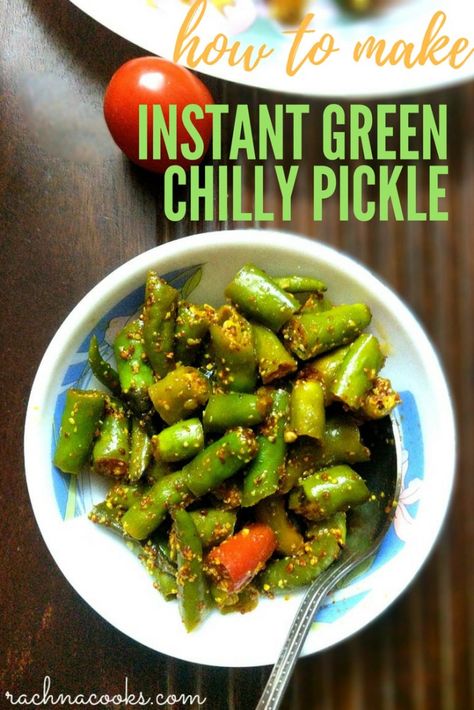 instant green chilly pickle Indian Pickles, Green Chilli Pickle, Chilli Pickle, Preserving Vegetables, Green Chili, Instant Recipes, Super Easy Recipes, Green Chilli, Recipe Boards