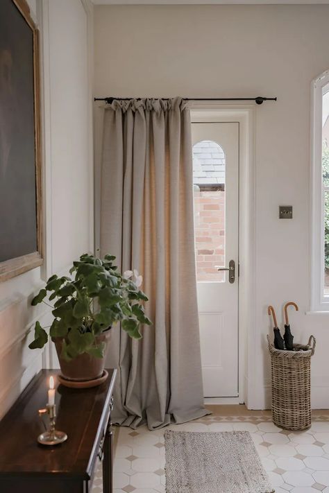 Curtains Over Front Door, Hallway Curtains, Tori Murphy, Wool Mushroom, Front Door Curtains, Hallway Flooring, Modern Hallway, Small Hallways, English House