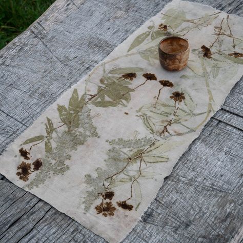 "Hand dyed tea mat Tea table runner Chabu for gongfu cha Ceremonial cloth Alter cover This tablecloth is a great gift idea for tea lovers ONLY ONE MADE! 100% Linen naturally hand dyed and printed with plants and flowers  Tea mat / Alter cover Length: 25\" (64 cm) Width: 11\" (28 cm) This tea ceremony runner is a gift from nature. I took antique hand-woven linen and dyed it with the real plants. Natural leaf prints are obtained using a special technology. This piece is one of a kind, be sure your Ceremony Runner, Rust Dye, Fabric Leaves, Flowers Tea, Eco Dyeing, Eco Printing, Real Plants, Leaf Nature, Dyeing Process