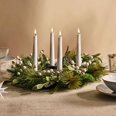 Advent Ring Ideas, Christmas Table Wreath Centerpiece, Taper Candle Centerpiece Christmas, Advent Table Centerpiece, Advent Candle Centerpiece, Advent Centerpiece, Candle Wreath Centerpiece, Centerpiece Wreath, Wreath Candle Holder