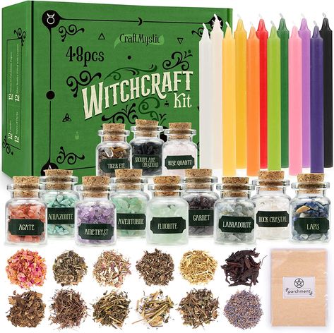 Witchcraft Supplies Kit for Witch Spells – Beginner Witch Starter Kit Crystals Jars Dried Herbs and Colored Candles for Witches Pagan Altar Decor - Wiccan Supplies and Tools Box Witchy Gifts Beginner Witch Supplies, Witches Crystals, Spell Herbs, Altar Supplies, Moon Room, Witch Kit, Bendy Candles, Colored Candles, Witch Spells