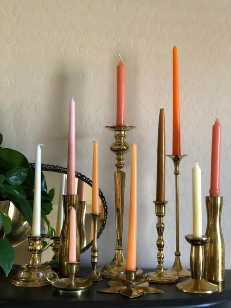 70s Branding, Candlestick Collection, Candle Display, Weddings Idea, Wedding Tablescape, Brass Candlestick, Home Decor Ideas Living Room, Vintage Candle, Room Redesign