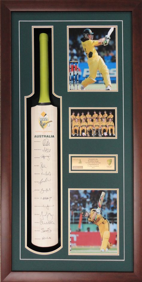 Framing of cricket bats. Great for the Man Cave #cricket #memorabilia #mancave Sports Memorabilia Display Wall, Sport Memorabilia Display Wall, Cricket Decor, Cricket Theme Bedroom, Sports Memorabilia Room, Classy Man Cave, Shadow Box For Sports Trophies ￼, Cricket Collection, Sport Science