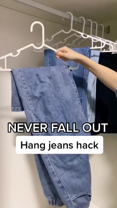 Vantoplife home tips(@vantoplifehometips) on TikTok: How to hang jeans which is never fall out from hanger #jeans #jeanshack #hangjeans #folding#foldinghacks #usefullifetips #hometips How To Hang Up Jeans In Closet, How To Put Jeans On A Hanger, How To Hang Your Jeans, Pants On Hanger Hack, How To Hang Up Pants, Folding Pants On Hanger, Hang Jeans On Hanger, Jean Hanging Hack, Ways To Hang Jeans In Closet