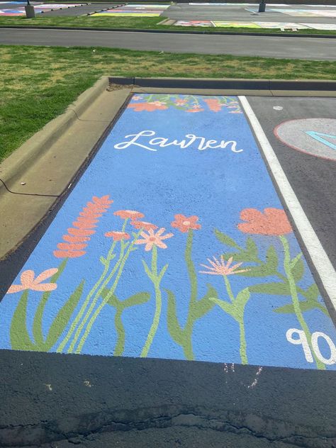 Senior Brick Ideas Painting, Strawberry Parking Spot, School Brick Painting Ideas, Cute Easy Senior Parking Spots, Theatre Parking Spot, Group Parking Spot Ideas, Senior Parking Space Ideas Butterfly, Parking Spaces Painting, Unique Parking Spot Ideas