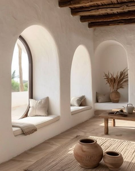 Boho Lobby, Cozy Minimalist, Mediterranean Interior, Cob House, Mediterranean Home, Coconut Girl, Menorca, Boho Living Room, Minimalist Decor