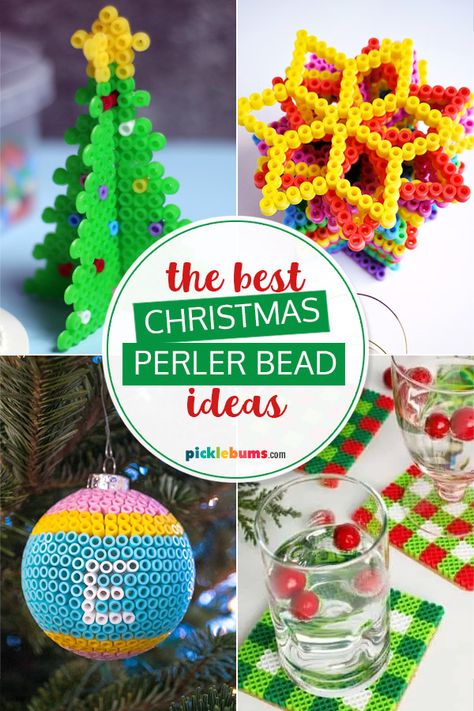 These 20 great Christmas Perler bead ideas will keep the kids (and adults) happily crafting all holiday season! Melt Beads Christmas Ornaments, Christmas Crafts With Beads For Kids, Christmas Tree Perler Bead Patterns, Perler Bead Crafts For Adults, Perler Gift Ideas, Gingerbread House Perler Beads, Pony Bead Christmas Crafts, Peeler Bead Ideas 3d, Peeler Bead Christmas