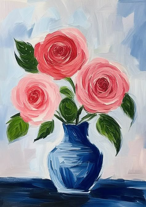 Bouquet Of Flowers Drawing Paintings, Acrylic Vase Painting, Flower Vase Canvas Painting, Cute Painting Ideas For Mom, Vase Of Flowers Painting Easy, Acrilic Drawings Ideas, Vase Painting Ideas Canvas, Vase Of Flowers Drawing, Roses In Vase Painting