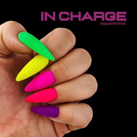 Bold Nails Colors, Loud Color Nails, Gel Summer Nails Short, Neon Rainbow Nails, Fluorescent Nails, Neon Acrylic Nails, Long Stiletto, Nails Matte, Short Coffin