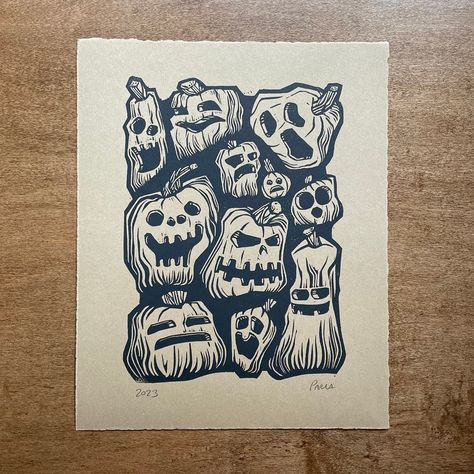 Handmade and printed Pumpkins Linocut Print Image measures 8x10 Printed on 250gsm/90lb Brown Legion Stonehenge Paper Signed and dated, open edition print Fall Lino Print, Spooky Lino Print, Pine Tree Linocut, Linocut Prints Portraits, Halloween Block Print, Halloween Lino Print, Goth Activities, Spooky Linocut, Ghost Linocut