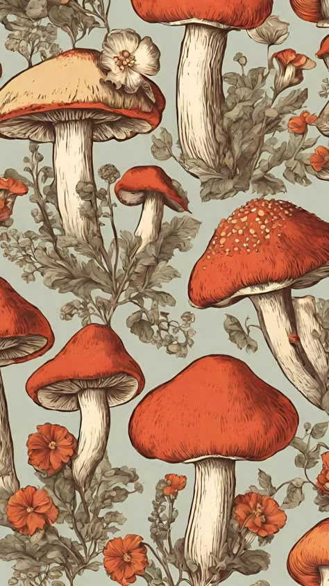 Laptop Wallpaper Mushroom, Earthy Mushroom Aesthetic, Mushroom Wall Murals Painted, Mushroom Iphone Wallpaper Aesthetic, Mushroom Mood Board, Red Mushroom Wallpaper, Mushroom Iphone Wallpaper, Mushroom Aesthetic Wallpaper, Vintage Mushroom Wallpaper