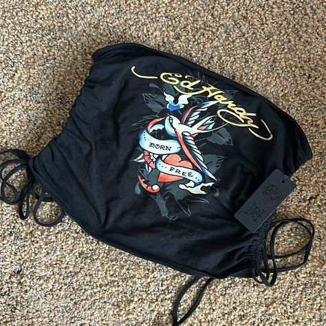 Black Ed Hardy Tube Top White Side Drawstrings Size: Large New With Tags Ed Hardy Clothes, Mcbling Fashion, 2000s Clothing, Black Tube Top, Black Tube, Top Shirt Women, Crop Top Shirts, Really Cute Outfits, Ed Hardy