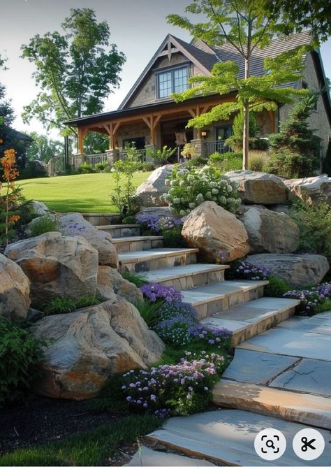 Landscaping Stairs, Rock Scape, Security Footage, River Rock Landscaping Ideas, Sloped Backyard Landscaping, River Rock Landscaping, Rock Landscaping Ideas, Sloped Backyard, Landscaping Retaining Walls