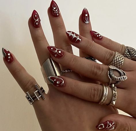 Red Festival Nails, Nail Y2k Designs, Y2k Red Nails, Red Y2k Nails, Nail Y2k, Shiny Manicure, Slay Nails, Red And Silver Nails, Aespa Concert