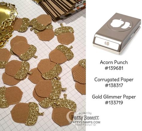 Kraft-bag-gold-glimmer-corrugated-acorn-stampin-up-pattystamps Acorn Punch Stampin Up Cards, Stampin Up Acorn Punch, Acorny Thank You Stampin Up Cards, Fry Box, Acorn Crafts, Thanksgiving Craft, Autumn Cards, Cookie Business, Kraft Bag