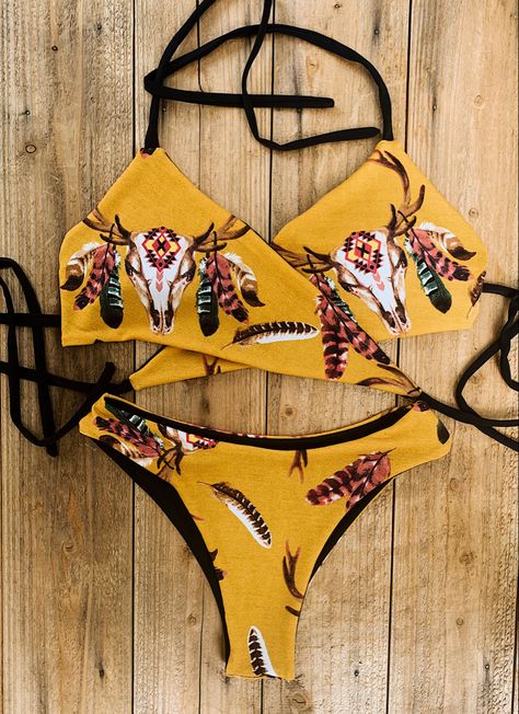 Bull skull bikini. Western fashion. Handmade in the usa ! Reversible . Wet & Western Swimwear Country Bathing Suits, Western Bathing Suits, Country Swimsuit, Western Swimwear, Western Swimsuit, Childrens Swimwear, Cowgirl Style Outfits, Longhorn Skull, Western Clothes