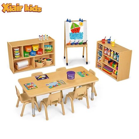 Kindergarten Daycare Furniture Montessori Wooden Kids Table Chair Set Design Nursery Childcare Center Preschool Furniture Kindergarten Classroom Furniture, Unique Dressing Table, Nursery School Classroom, Kindergarten Dramatic Play, Preschool Storage, Modern Preschool, Kindergarten Tables, Wooden Kids Table, Daycare Supplies