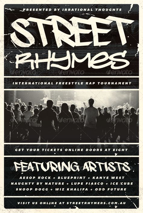 Street Rhymes - Hip-Hop Flyer Template by furnace Street Rhymes  Hip-Hop Flyer Template100% Fully Editable PSD Layered Well Organised CMYK  Print Ready Free Fonts Used 46 0.25  Ble Retro Hip Hop Poster, Hiphop Flyer Design, Old School Hip Hop Posters, Hip Hop Branding, Hip Hop Typography, Hip Hop Poster Design, Hip Hop Flyer, Hip Hop Graphic Design, Hiphop Poster