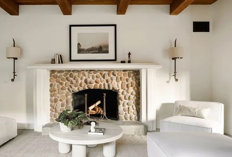 Lisa's Beverly Hills House in Photos 70’s Symmetrical Stone Fireplace, Dome Light Fixture, Stucco Fireplace, Reclaimed Wood Vanity, River Rock Fireplaces, Covered Balcony, Mediterranean Style Home, Beverly Hills Houses, Rock Fireplaces