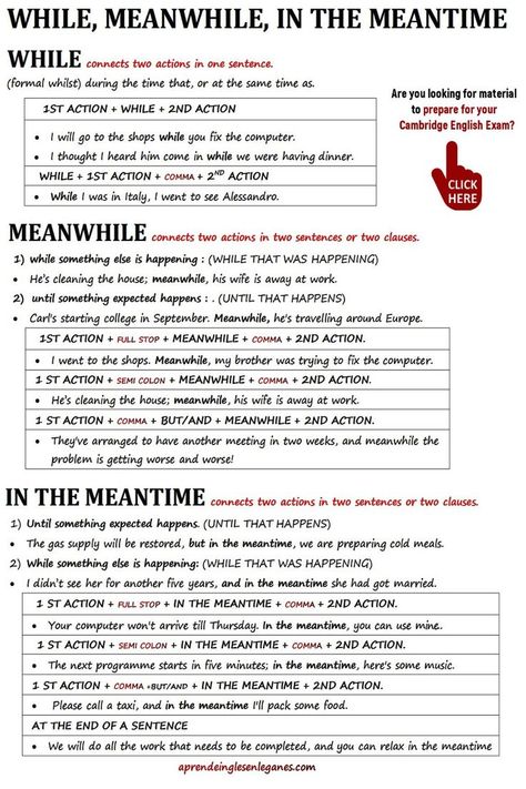 WHILE, MEANWHILE, IN THE MEANTIME. 
Many English students are confused about when to use "While", "Meanwhile" and "In the meantime". Have a look at this grammar sheet below to learn when and how to use them. Basic English Grammar Book, English Grammar Notes, Basic English Sentences, English Phrases Sentences, Hindi Language Learning, Advanced English Vocabulary, English Phrases Idioms, English Learning Spoken, Good Vocabulary Words