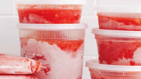 The easiest way to extend tomato season! Simply blanch, peel, crush, and freeze. Freezing Tomatoes, Martha Stewart Living Magazine, Fresh Tomato Recipes, Canning Vegetables, Fruit And Veggies, Tomatoes Recipe, Tomato Season, Summer Tomato, Canning Tomatoes