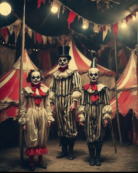 Creepy Circus Party, Circus Freakshow Costumes, Halloween Freakshow Ideas, Haunted Circus Costumes, Haunted Carnival Costumes, Circus Horror Aesthetic, Haunted Circus Aesthetic, Horror Circus Aesthetic, Creepy Circus Costume