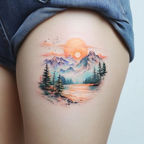 46 Very Unique Tattoos for Women - Camping Tattoo Ideas For Women, Watercolor Tattoo Mountain, Watercolor Landscape Tattoo, Tattoo For Beach Lover, Mountain Tattoo With Color, River Tattoos For Women, Mountain Color Tattoo, Simple Nature Tattoos For Women, Tattoo Ideas Female Mountains