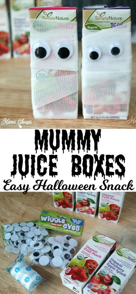 Mummy Juice Boxes | Easy Halloween Snack - Mama Cheaps® Halloween Juice Box, Halloween Class Treats, Kindergarten Halloween Party, Festa Hotel Transylvania, Preschool Halloween Party, Halloween Toddler Party, Halloween Juice, Easy Halloween Snacks, Halloween Party Drinks