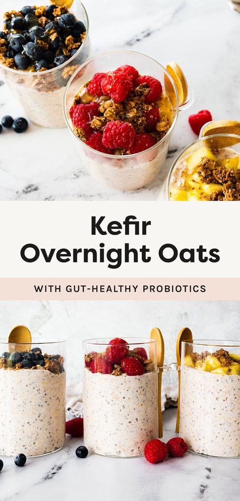 These kefir overnight oats are made with kefir instead of milk for a creamy, protein-packed breakfast that's loaded with gut-healthy probiotics! They’re easy to make and perfect for meal prep. Kefir Breakfast, Overnight Oats With Milk, Night Oats, Strawberry Overnight Oats, Blueberry Overnight Oats, Breakfast In A Jar, Chia Overnight Oats, Clean Breakfast, Kefir Recipes