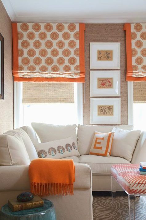 tangerine dream   | Decor Ideas | Home Design Ideas | DIY | Interior Design | home decor | Coastal living Different Types Of Curtains, Flat Roman Shade, Custom Roman Shades, Types Of Curtains, Sew Easy, Custom Window Treatments, Diy Interior, Window Shades, A Living Room