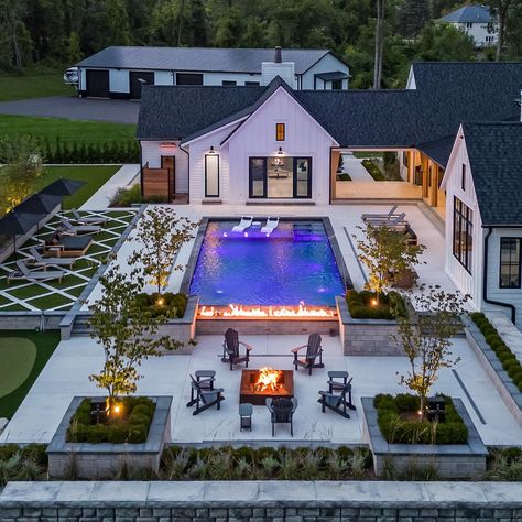 The perfect backyard to enjoy those fall evenings featuring a 20’x40’ custom Coastal pool. #custompools #farmhousedecor #realestate… | Instagram Farm Pool Backyards, Pool Next To Driveway, Backyard Landscaping Pool Entertaining, Hot Tub Separate From Pool, Average Pool Size, Pool House Landscaping, Houses With Pools In The Backyard, Lake House Backyard With Pool, Best Backyard Pools