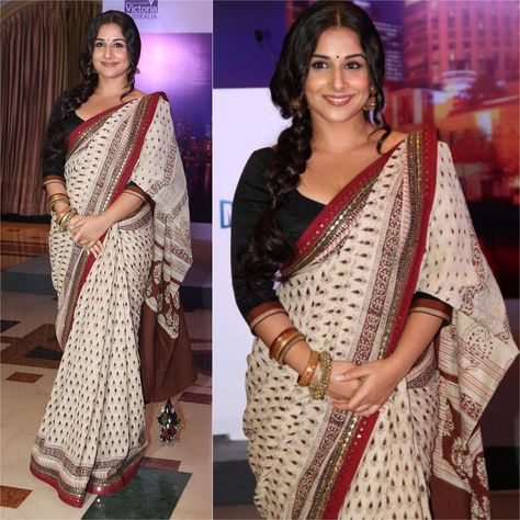 Vidya Balan looks stunning in printed cream sari with a maroon border and opted for several ethnic kadaas. Her blouse looks simple with three-fourth length sleeves and a wide, low neckline which completed her look. To get this look browse through our saree collection at www.morpeech.com/pages/collection/saree ‪#‎Morpeech‬ ‪#‎FashionSense‬ ‪#‎VidyaBalan‬ ‪#‎Sarees‬ ‪#‎EthinicWear‬ ‪#‎Style‬ Credits- http://www.glamcheck.com Three Fourth Sleeve Blouse Designs, Sleeve Blouse Designs, Cream Sari, Vidya Balan, Low Neckline, Saree Collection, Ethnic Fashion, Cotton Saree, Saree Blouse