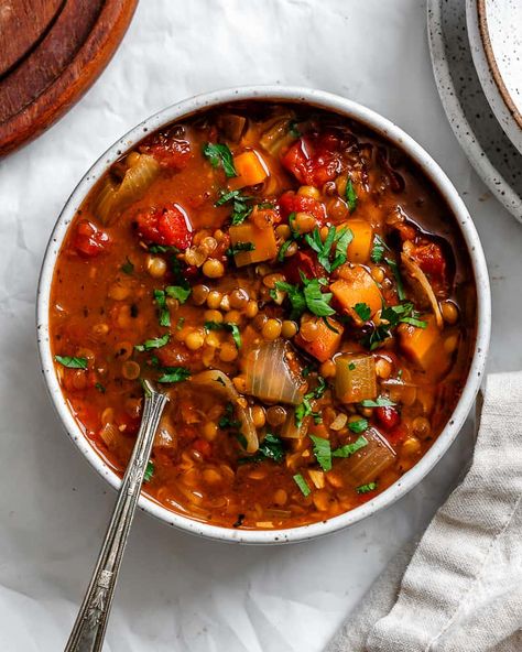 Spicy Lentil Soup - Plant-Based on a Budget Lentil Soup Crockpot, Spinach Lentil Soup, Plant Based On A Budget, Spicy Lentil Soup, Tomato Lentil Soup, Tomato Lentils, Soup For Dinner, Mediterranean Recipe, Plant Based Recipes Dinner